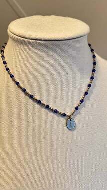 Forgiven Cross Charm Necklace with Blue Beaded Chain